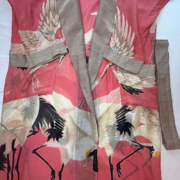 One Hundred Stars Crane Print Kimono Robe Coral Pink Modal Blend OS - Picture 6 of 16